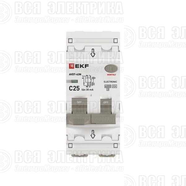 Выключатель автоматический дифференциального тока 2п (1P+N) C 25А 30мА тип A 6кА АВДТ-63N (электрон.) PROxima EKF D63N26EA25C30