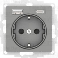 Розетка 1-м СП AtlasDesign 16А IP20 с 2-мя заряд. устройствами USB тип A+C механизм сталь SE ATN000932