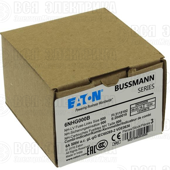 Предохранитель NH 6А 500В GG 000 EATON 6NHG000B