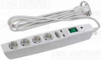 Удлинитель с сетевым фильтром 5х2м с заземл. 10А IP20 U-5es-2m-W 2хUSB ПВС 3х0.75 с выкл. защ. шторки бел. Эра C0043327