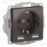Розетка 1-м СП AtlasDesign 16А IP20 с 2-мя заряд. устройствами USB тип A+A 5В/2.4А 2х5В/1.2А механизм мокко SE ATN000630