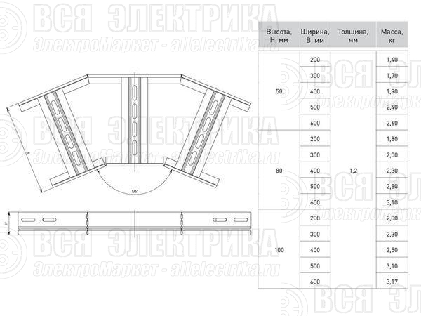 Угол для лотка горизонтальный 45град. 100х500мм EKF glt45100500