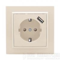 Розетка 1-м СП Минск 16А IP20 с заземл. защ. шторки с заряд. устройством USB 1А беж. EKF ERR16-028-200-USB