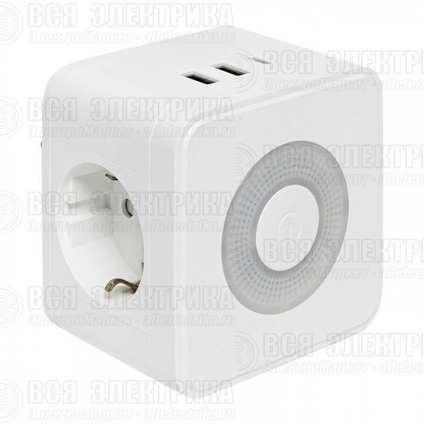 Разветвитель 3-м куб 2 гнезда 2хUSB 2.4А + тип C + ночник EKF UBA-CUB-T2-TC