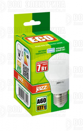 Лампа светодиодная PLED-ECO 7Вт A60 грушевидная 5000К холод. бел. E27 570лм 230В JazzWay 1033192