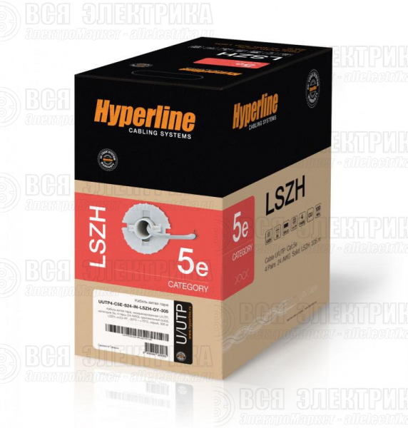 Кабель витая пара U/UTP кат.5E 4х2х24AWG solid LSZH нг(А)-HF UUTP4-C5E-S24-IN-LSZH-GY-305 сер. (м) Hyperline 42045