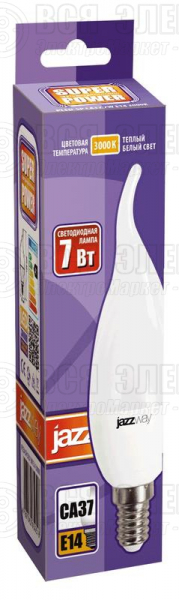 Лампа светодиодная PLED-SP 7Вт CA37 свеча на ветру 3000К тепл. бел. E14 530лм 175-265В JazzWay 1027894-2