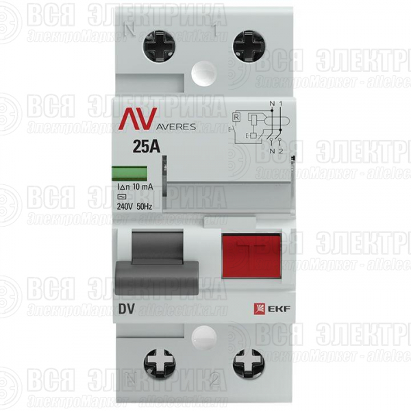 Выключатель дифференциального тока (УЗО) 2P 25А 10мА тип AC DV AVERES EKF rccb-2-25-10-ac-av