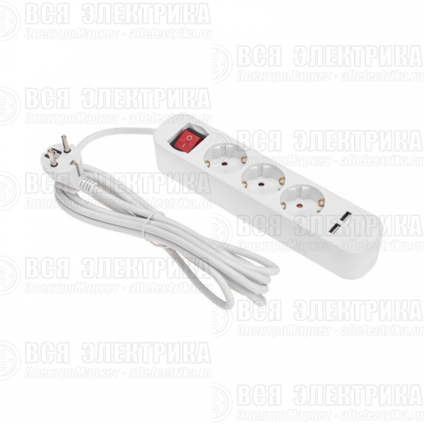 Удлинитель 3х3м с заземл. STANDARD 2хUSB 3х1кв.мм с выкл. бел. Rexant 13-4016