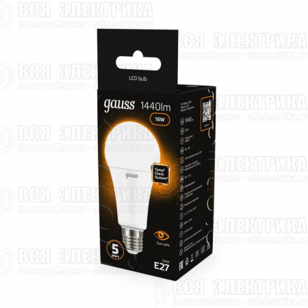 Лампа светодиодная Black 16Вт A60 грушевидная 3000К тепл. бел. E27 1440лм GAUSS 102502116