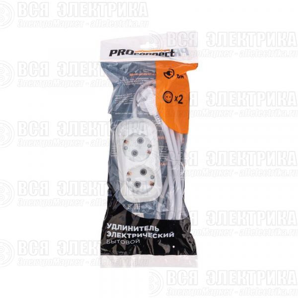 Удлинитель 2 гнезда 1.5м 3х0.75кв.мм с/з бел. PROCONNECT 13-4202