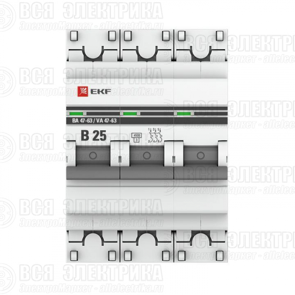 Выключатель автоматический модульный 3п B 25А 4.5кА ВА 47-63 PROxima EKF mcb4763-3-25B-pro