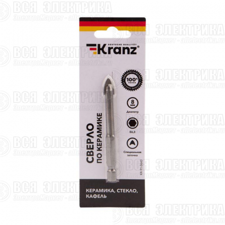 Сверло по стеклу и керамике 8мм ((шестигранный хвостовик) Kranz KR-91-0643