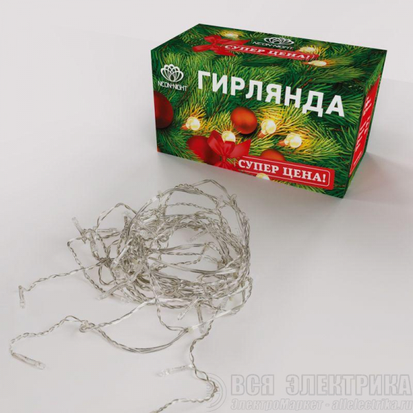 Гирлянда светодиодная "Бахрома" 3х0.8м 200LED тепл. бел. 9Вт 230В IP20 провод прозр. ПВХ Neon-Night 255-066