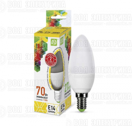 Лампа светодиодная LED-свеча-standard 7.5Вт свеча 3000К тепл. бел. E14 675лм 160-260В ASD 4690612003924