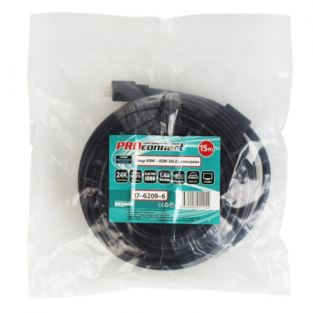 Шнур HDMI - HDMI gold 15м с фильтрами (PE bag) PROCONNECT 17-6209-6