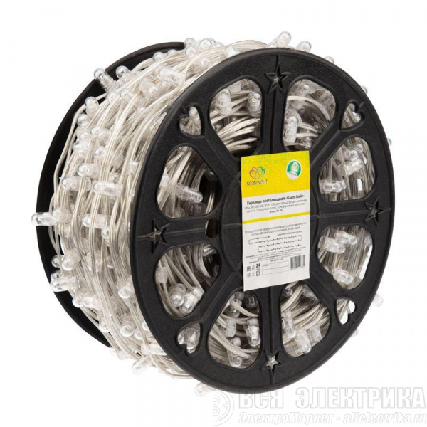 Гирлянда светодиодная "LED ClipLight" шаг 15см 665LED тепл. бел. 80Вт 12В IP65 эффект мерцания flashing бел.; провод прозр. ПВХ (уп.100м) Neon-Night 325-166