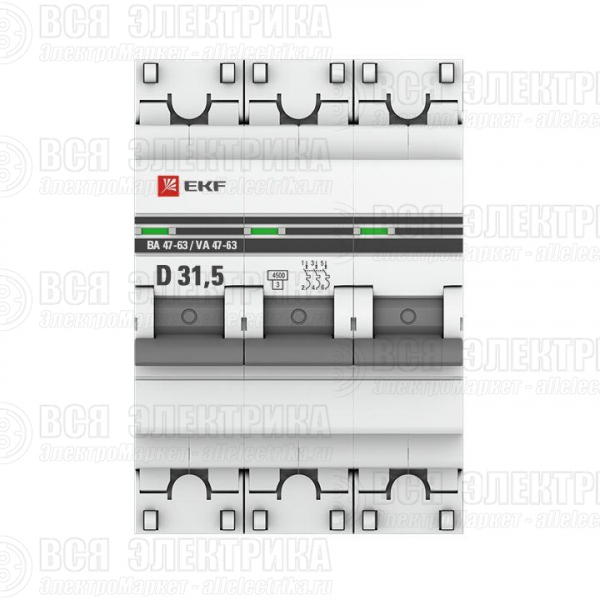 Выключатель автоматический модульный 3п D 31.5А 4.5кА ВА 47-63 PROxima EKF mcb4763-3-31.5D-pro