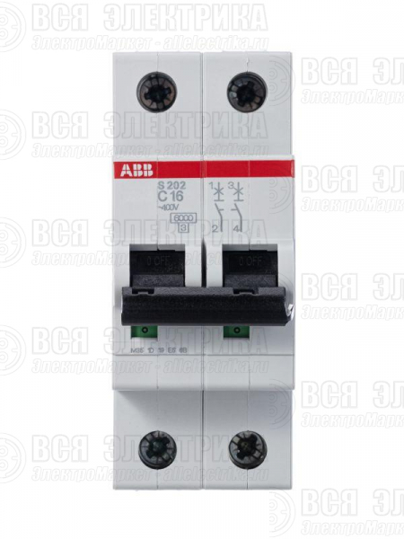 Выключатель автоматический модульный 2п C 16А 6кА S202 C16 ABB 2CDS252001R0164