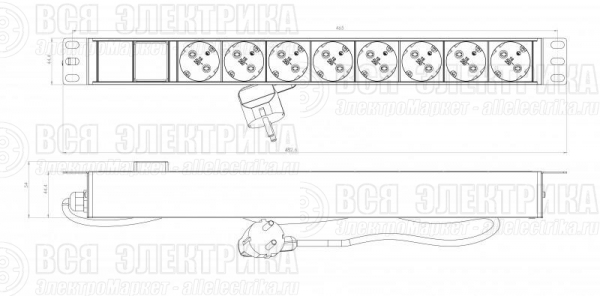 Блок розеток SHE19-8SH-S-2.5EU горизонт. 8 розеток Schuko выкл. 16А шнур 2.5м Hyperline 397034
