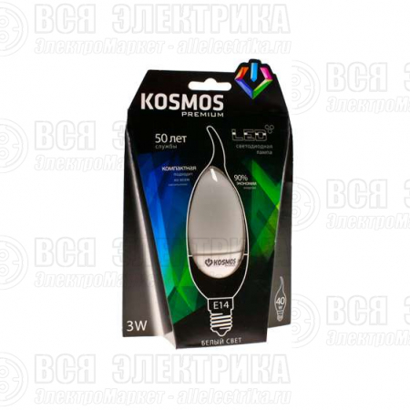 Лампа светодиодная KOSMOS premium 3Вт свеча на ветру E14 230В 4500К Космос KLED3wCW230vE1445