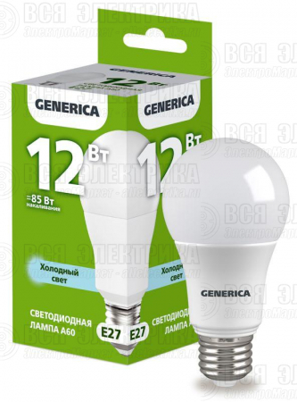 Лампа светодиодная A60 12Вт грушевидная 6500К E27 230В GENERICA LL-A60-12-230-65-E27-G