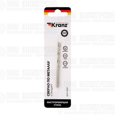 Сверло по металлу 4.2х75х43мм HSS DIN 338 Kranz KR-91-0559