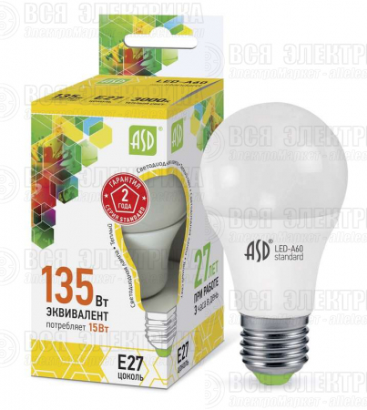 Лампа светодиодная LED-A60-standard 15Вт грушевидная 3000К тепл. бел. E27 1350лм 160-260В ASD 4690612002088