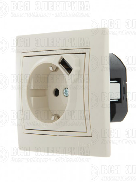 Розетка 1-м СП Mira 16А с заземл. + USB разъем крем. LEZARD 701-0303-181