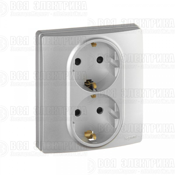 Розетка 2-м СП Etika 16А IP31 250В 2х2P+E с заземл. защ. шторки немецк. стандарт безвинт. клеммы алюм. Leg 672433