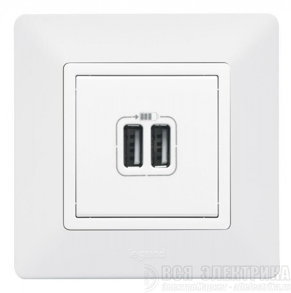 Розетка USB 2-м Valena Life 240В/5В 2400мА с лицев. панелью механизм бел. Leg 753412